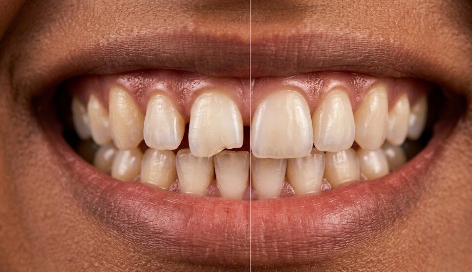 A high-resolution, macro photograph of a South Asian woman’s smile, split down the middle