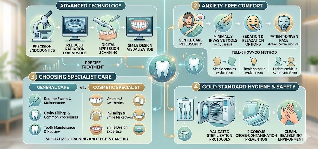 Infographic outlining modern dental technology, patient comfort, specialist care, and clinic safety protocols