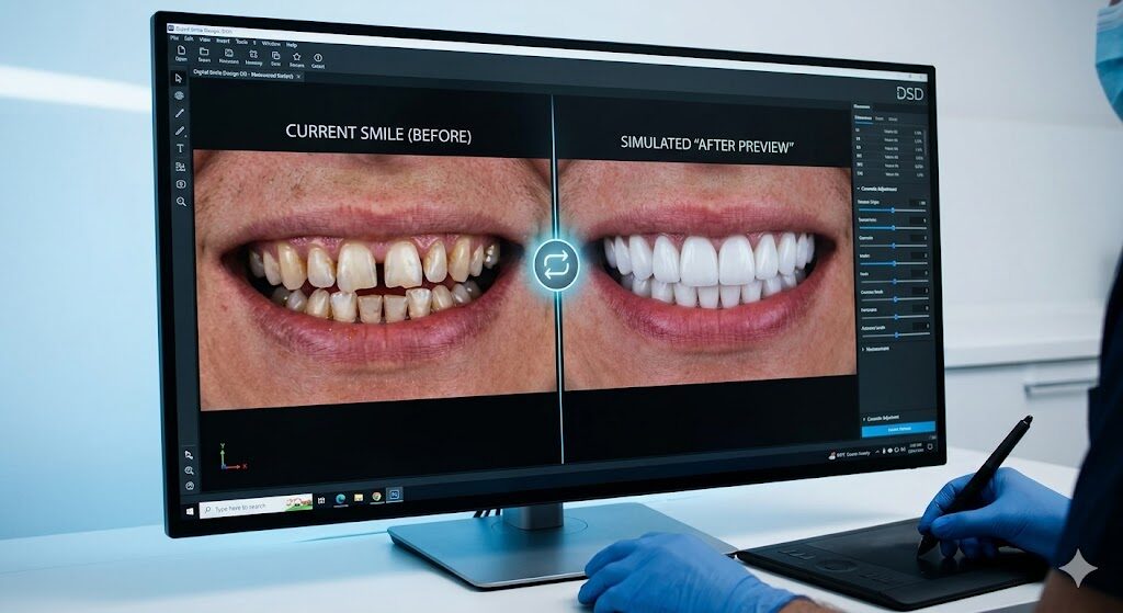 This image highlights the core technology. We get a close-up look at the Digital Smile Design software, showing a direct side-by-side comparison