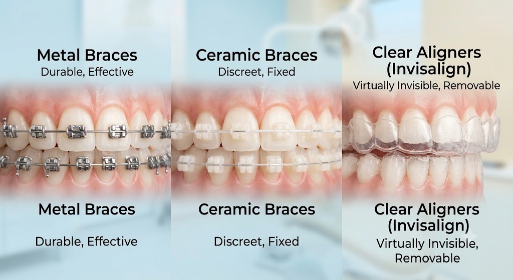 A clean infographic comparison showing close ups of three popular teeth alignment options traditional metal braces, discreet ceramic