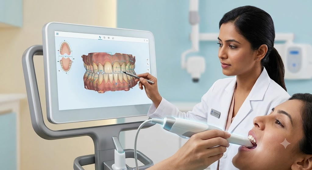 A close-up inside a modern Bandra dental clinic showing a specialist dentist using an ergonomic intraoral 3D scanner
