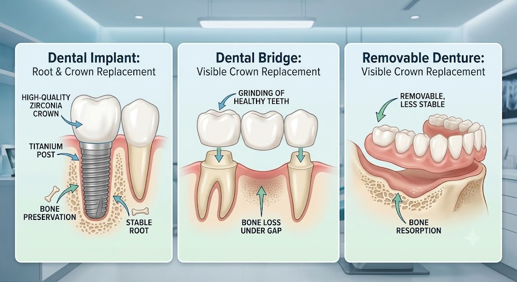An infographic comparison of missing tooth solutions, illustrating the structure of a dental implant